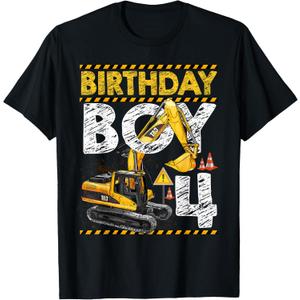 Birthday Boy 4 Construction 4th Birthday Excavator T-Shirt (Small, Black)