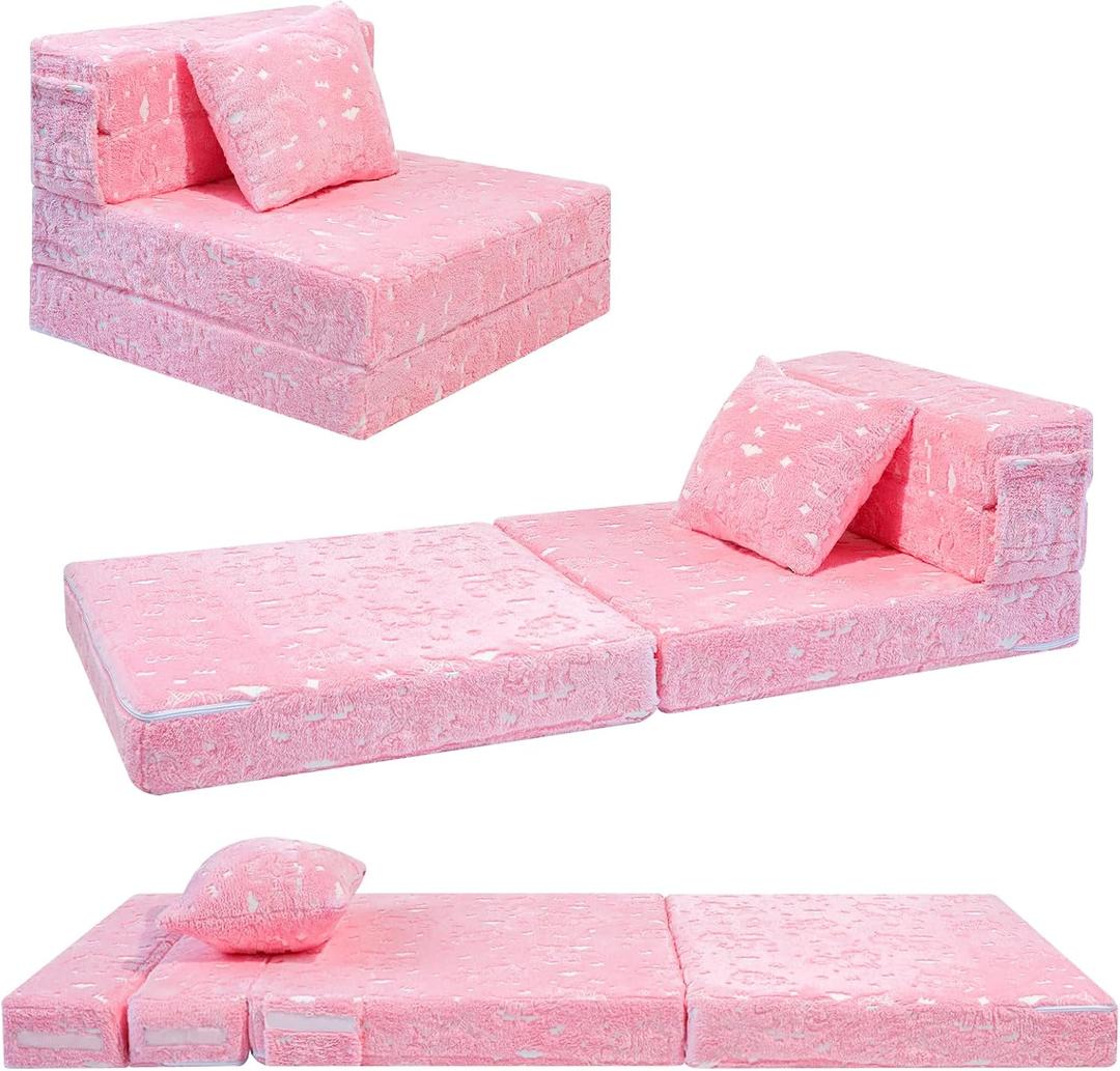 MeMoreCool Glow Pink Unicorn Tri-fold Sofa Bed for Kids, Foldable Futon Chair and Floor Couch, Convertible Trifold Mattress for Playroom