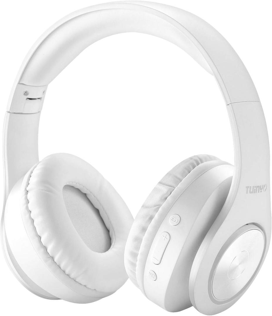 TUINYO Bluetooth Headphones Wireless, Over Ear Stereo Wireless Headset 40H Playtime with deep bass, Soft Memory-Protein Earmuffs, Built-in Mic Wired Mode PC/Cell Phones/TV-White