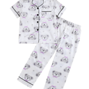MyFav Girls Pajama Set Silk Button Down Satin Girls PJS Kids Sleepwear Short Sleeve Long Pants,White Bear,12Y