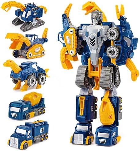 Toddler Construction Car Transform Set, 5pcs Dinosaur Rescue Robot with Magnetic Connectors, Assemble Building Trucks DIY STEM Toy, Holiday Birthday Present for Kids Boy Girl 3 4 5 6 7 Year