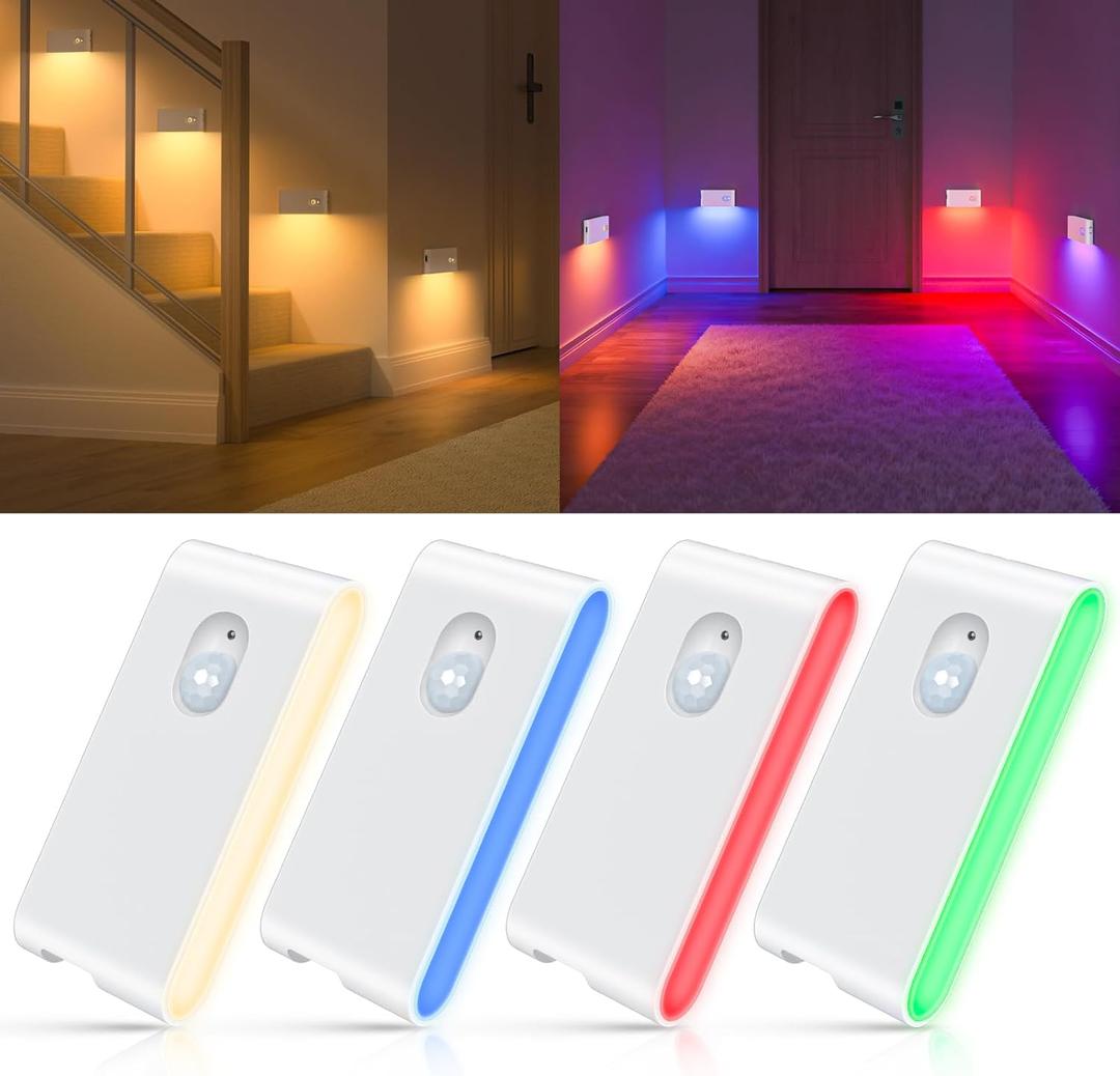 WILLED Stair Lights Indoor RGB & Warm White, Rechargeable Motion Sensor Night Light, Wireless Motion Sensor Lights Indoor for Stair, Bathroom, Hallway, Kitchen, Closet, Cabinet, Bedroom, Kids' Room (4 Pack)