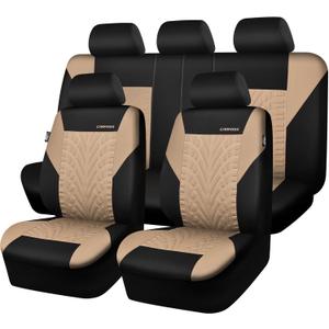CAR PASS Car Seat Covers Full Sets, Front & Split Rear Bench for Car, 3D Tyre Embossed Automotive Interior Covers, Airbag Compatible, Quick Setup Universal Fit Seat Covers for Car, SUV(Black Beige)