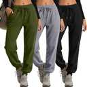 JoyMotion 3 Pack Women's Lounge Joggers Yoga High Waisted Drawstring Sweatpants Comfy Workout Loose Casual Pants with Pockets(Light Gray, Army Green, Black,Medium) Size M