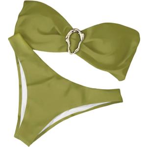 QJQ Women's Bandeau Swimsuits Strapless Tie Back Bikini Sets High Cut Cheeky 2 Piece Bathing Suit Swimwear (Green, M)