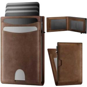 Wallet for Men: Pop Up Card Case, RFID Blocking, Slim, Minimalist, Genuine Leather, Front Pocket, Smart, Thin, Compact, Magnetic Flap Closure - 2 ID Windows, Up to 12 Cards & 15 Bills (Brown)
