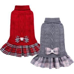 YUDODO 2 Pack Small Dog Sweater Dress with Bowtie Turtleneck - Knitted Pet Girl Dog Winter Clothes - Pet Warm Sweater for Puppy Yorkies, Chihuahua (M Red+Grey) (Medium (9-15lbs))