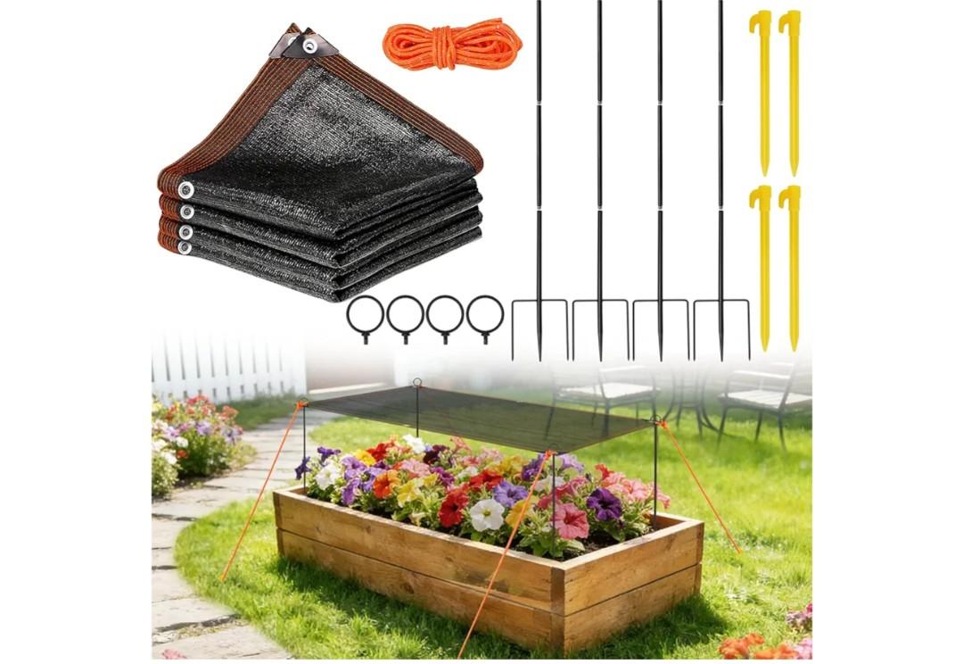 Plant Shade Cloth Kit for Garden, 9.8*6.6FT Garden Shade Cloth Kit for Raised Beds include 4 Poles & Rope, 70% Sun Block Cover Kit with Stakes for Plants Heat Protection for Outdoor Plants Vegetables