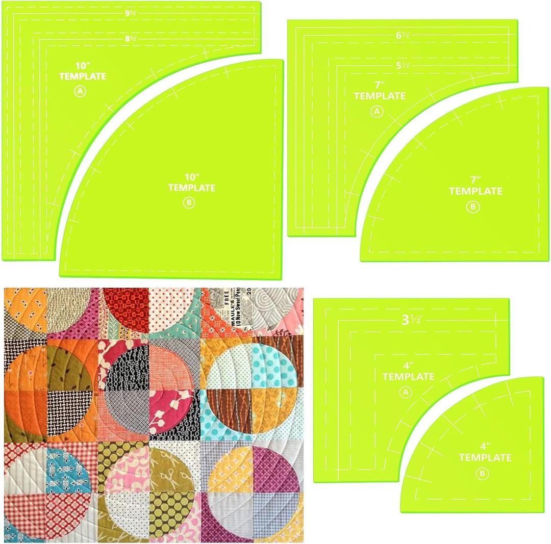 Kigley 3 Set Drunkards Path Quilting Templates Large Quilting Rulers and Templates for Cutting Patterns with 1/4" Seam Allowance Supplies for DIY Craft (Green,10, 7, 4 Inch)