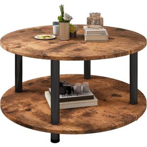 23.6" Round Coffee Table, 2-Tier Small Circle Coffee Table with Storage, Modern Center Accent Table with Metal Frame, Side Table End Table for Small Space, Living Room, Office, Rustic Brown