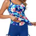 Yonique Women's Tankini Swimsuit - Two Piece Bathing Suits with Shorts Tummy Control Swimwear Blue Flowers S