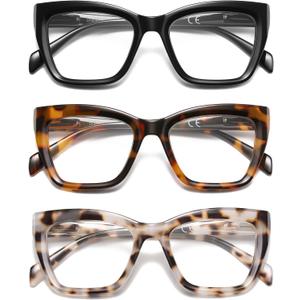 Oversized Reading Glasses Women Men Oprah Style Blue Light Blocking Computer Square Reader Spring Hinge Eyewear LK6085 (C1black+c2brown Tortoise+c3white) +1.75