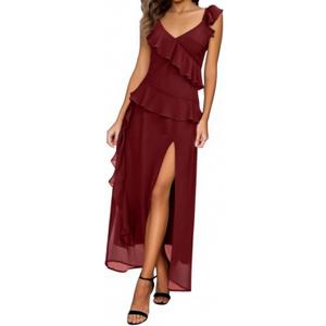 Women's Cold Shoulder Short Sleeve Split Thigh Boho Long Dress Beach Maxi Dress Summer Outfits (Large, Burgundy-1)