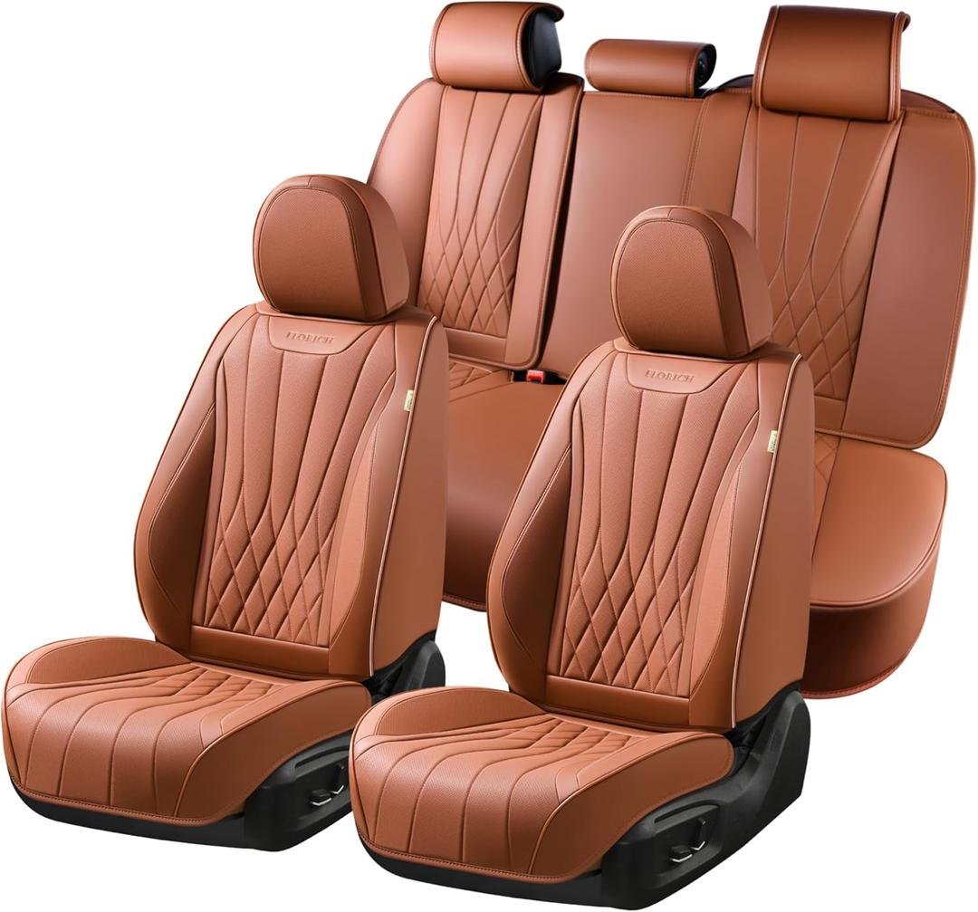 FLORICH Full Set Car Seat Covers, Automotive Seat Covers for Trucks, SUV, Sedans, Waterproof Nappa Leather Seat Protector Car Accessories for Most Cars - Brown