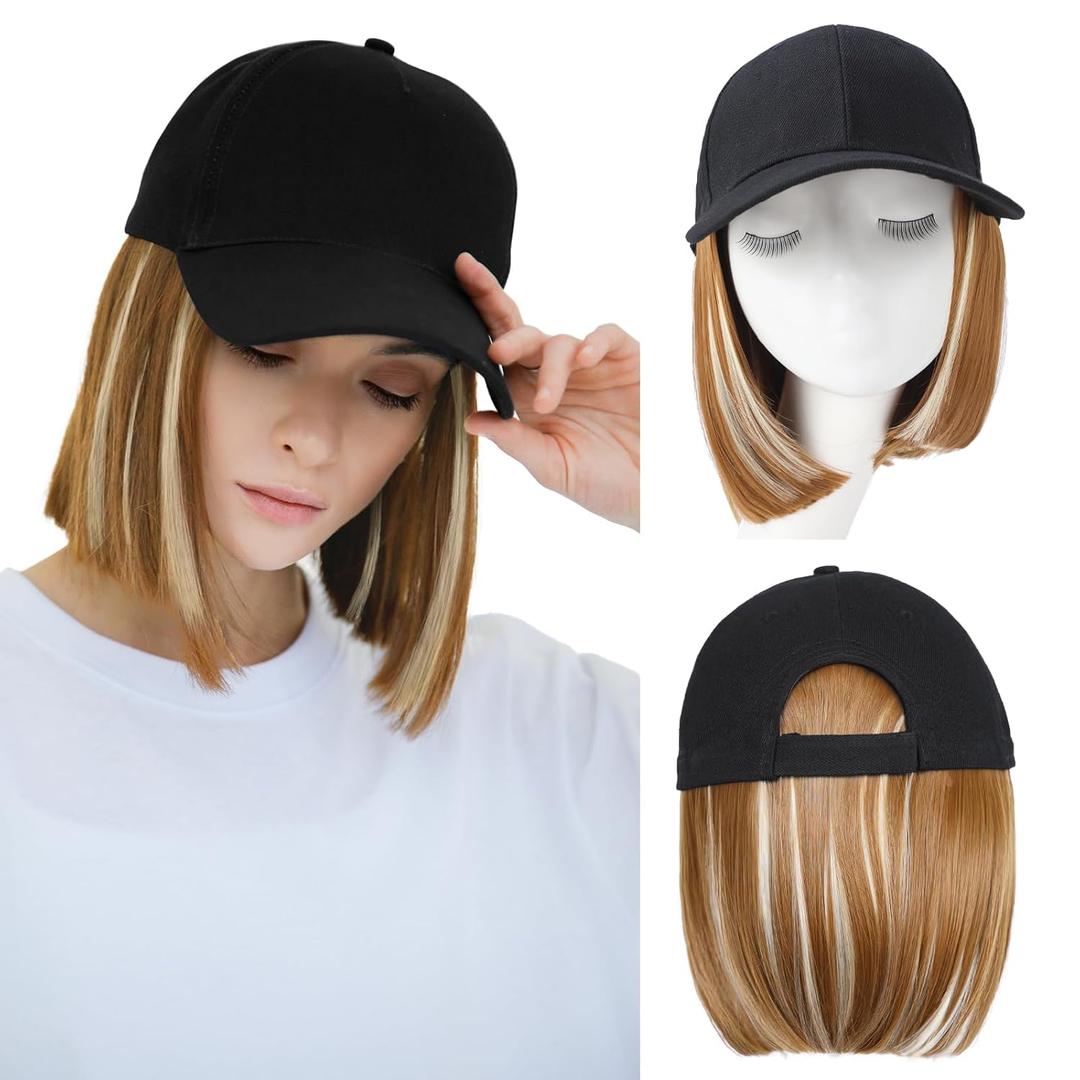 FORCUTEU Hat Wigs for Women Baseball Cap with Hair Extensions Short Straight Bob Hairstyle Caps with Hair Attached Adjustable Baseball Cap Wig for Daily Party(12inch)