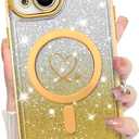 KANGHAR for iPhone 15 Case, Support for MagSafe [Four Corner Cushion Series] Love Heart Pattern Electroplate Edge Shockproof Durable Full Body Protection for Girls Women -Gold