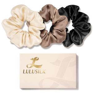 LULUSILK Silk Scrunchies for Hair Sleep, 100% Real Mulberry Silk, No Damage Hair Ties for Women and Girls, Basic Collection, Pack of 3 (Black&Ivory&Brown)