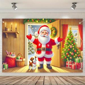 3 x 1PC 71x43 Inch Christmas Party Banner with Santa Claus and Puppy Indoors Tree Gifts and Wreath Decorative Backdrop for Holiday Celebration Home Wall Door Porch Winter Decoration (Colorful 0003)