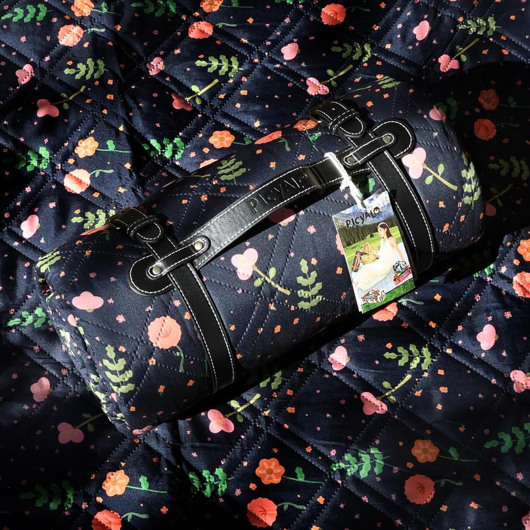 80x80” Double Thickened Picnic Blankets(150g High Density Cotton Stuffed) Navy Blue Floral Pattern Outdoor Picnic Mat Portable Picnic Blanket Foldable with Leather Carry Strap Beach Blanket