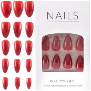 DC,CLISENCE 30 Pcs Red Press on Nails, Plastic Natural Reusable Press on Nails Red, Oval Press on Nail Almond for Women Daily Wear (15 Sizes)