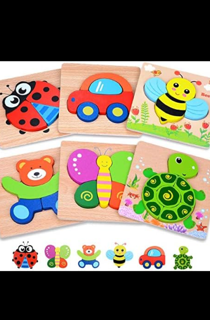 2 Packet. MAGIFIRE Wooden Puzzles 12-18 Months - Multicolor Set of 6 Animal & Vehicle Shapes with Storage Bag - Montessori Chunky Puzzles for Toddlers Ages 1-3 & Hand-Eye Coordination