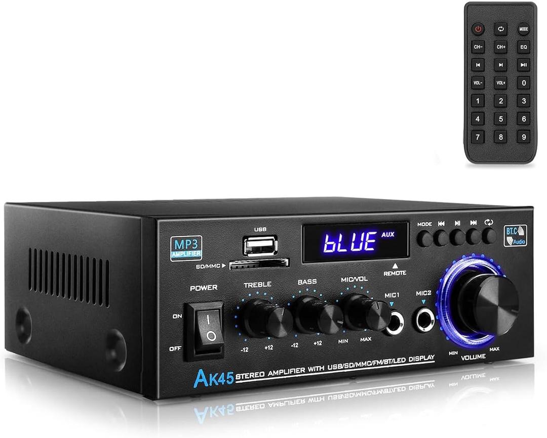 AK45 Stereo Amplifier Home Audio, Stereo Receivers 300W Home 2 Channel Bluetooth 5.0 Power Amplifier System, FM Radio, USB, SD Card, with Remote Control for Home Theater Speakers Studio, Karaoke