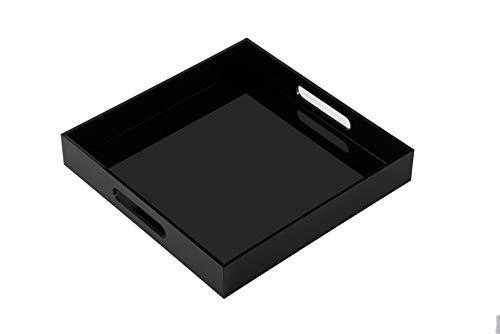 KEVLANG Glossy Black Acrylic Serving Tray - 14x14Inch, Multipurpose, Sturdy, Modern Style, Spill Proof, Countertop Organizer, Vanity Table Tray