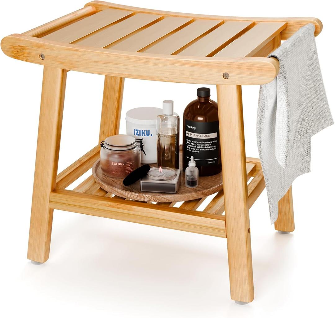 Bamboo Shower Bench for Inside Shower to Sit on,Waterproof Shower Stool for Shaving Legs,Spa Bathroom Shower Chair with Storage Shelf, Bathroom Bench Seat for Senior Adult Disabled Elderly (Large)