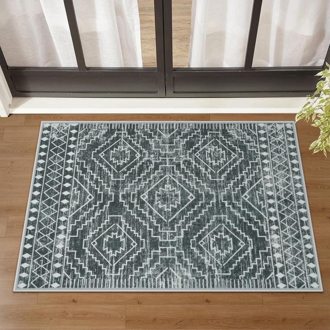 Wonnitar Moroccan Bathroom Rug, Washable 2x3 Small Bath Mat, Boho Tribal Soft Kitchen Sink Mat, Non-Slip Geometric Entry Way Rug, Low-Pile Indoor Carpet for Bedside Entrance Laundry (Dark Grey,2'x3')