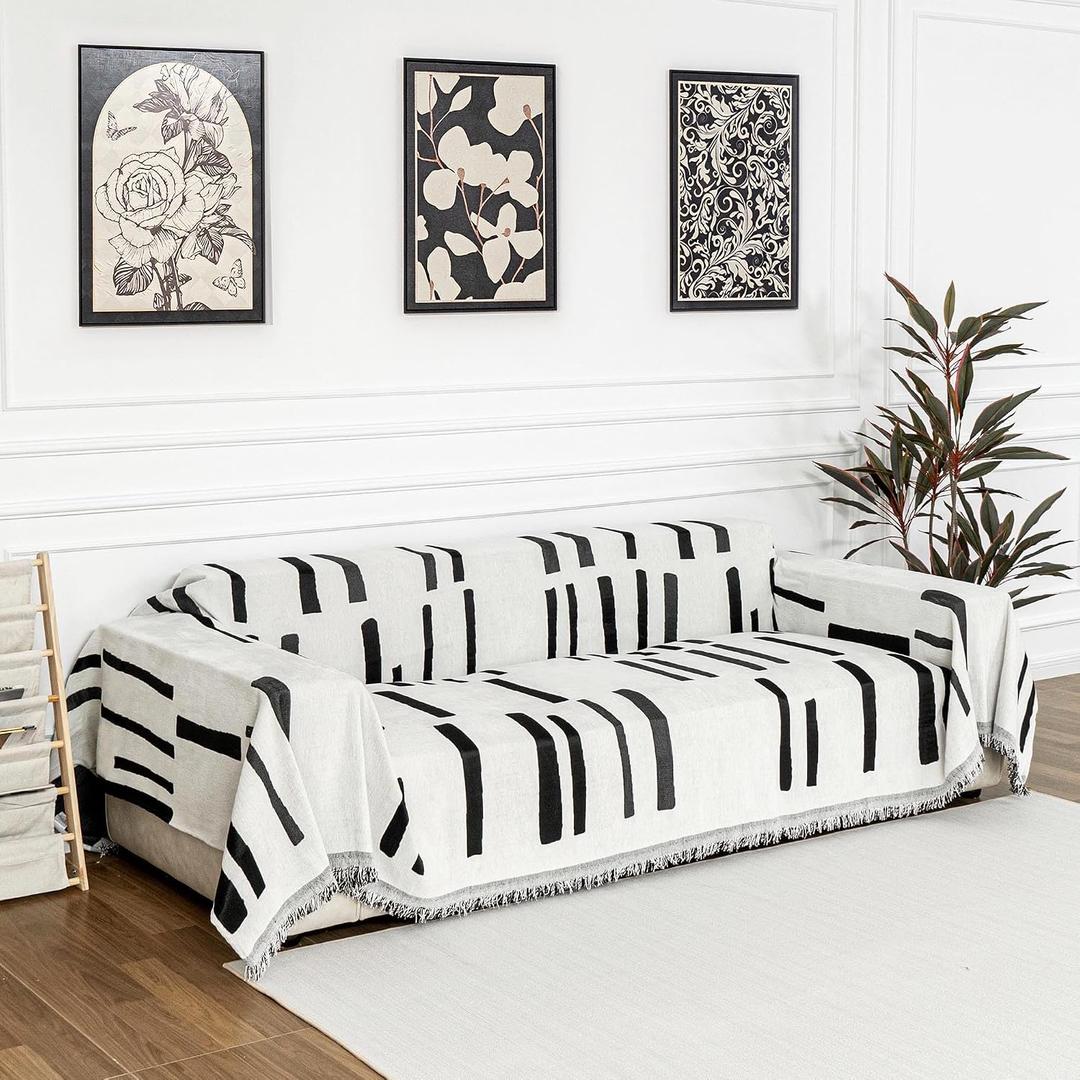 MYSKY HOME Sofa Covers for Sectional Sofa, Couch Cover for Dogs, Couch Covers with Tassel Loveseat Covers Futon Cover L Shaped Cover Washable Chenille Couch Protector, 71" x 134", Black Piano Key