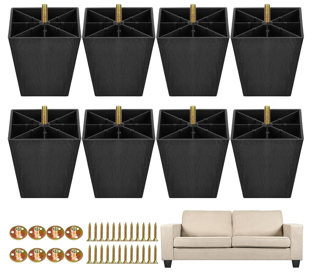 TURSTIN 8 Pack 4 Inch Furniture Legs Plastic Sofa Couch Legs Square Tapered Feet Sofa Legs with M8 T-Nuts Screws for Legs Sofas Chairs Cabinets Dressers Beds, Black