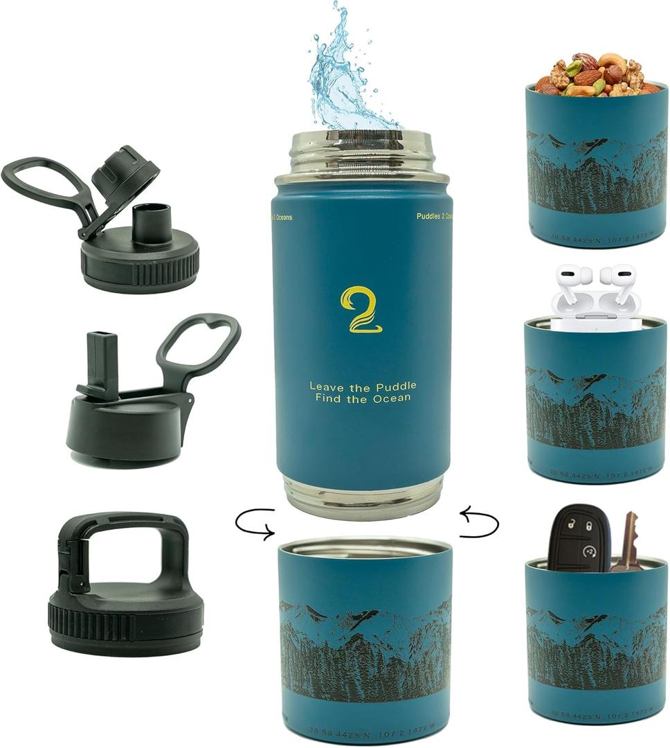 Insulated Water Bottle & Snack Container - Stainless Steel Water Bottle, 3 Lid Types BPA Free, Leak & Spill Proof Travel Bottle for Kids & Adults - Double Wall Tumbler Perfect for Gym, Hiking & School (22 Ounces, Blue)