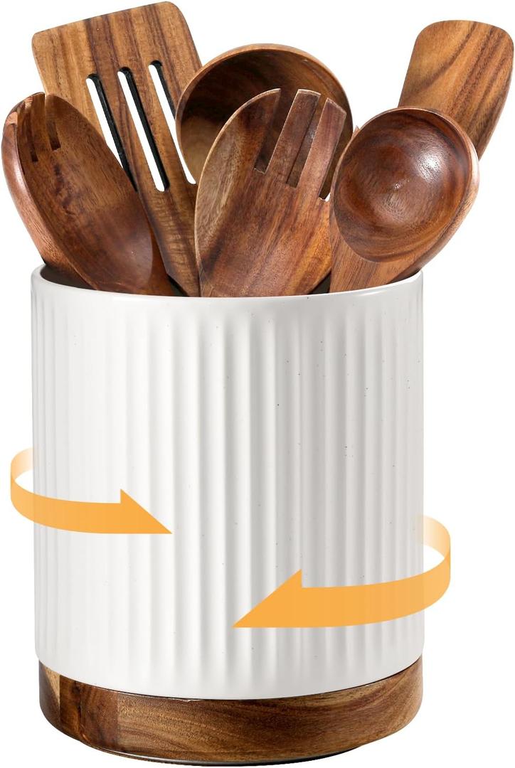 DOWAN 360 Rotating Extra Large Cooking Utensil Holder, 7.6" Kitchen Utensil Holder for Countertop, Utensil Crock for Farmhouse Kitchen Decor, Ceramic Stable Utensil Caddy, White Stripes