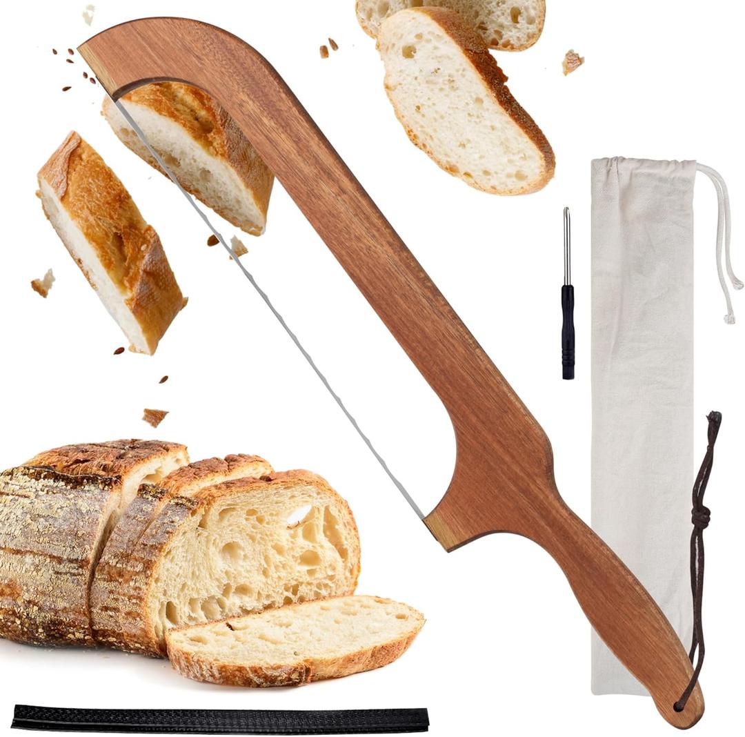 Beech Wood Bow Bread Knife for Homemade Sourdough, 15.7" Serrated Bread Slicer Cutter with Stainless Steel Blade, Ergonomic Fiddle Bow Knife, Includes Screwdriver for Blade Maintenance (Original Wooden Color)