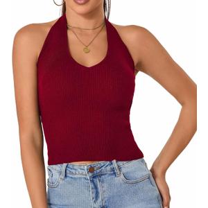 Betu Women Tank Top Ribbed Knit Sleeveless Fitted Crop Shirts (Small, Halter-red)