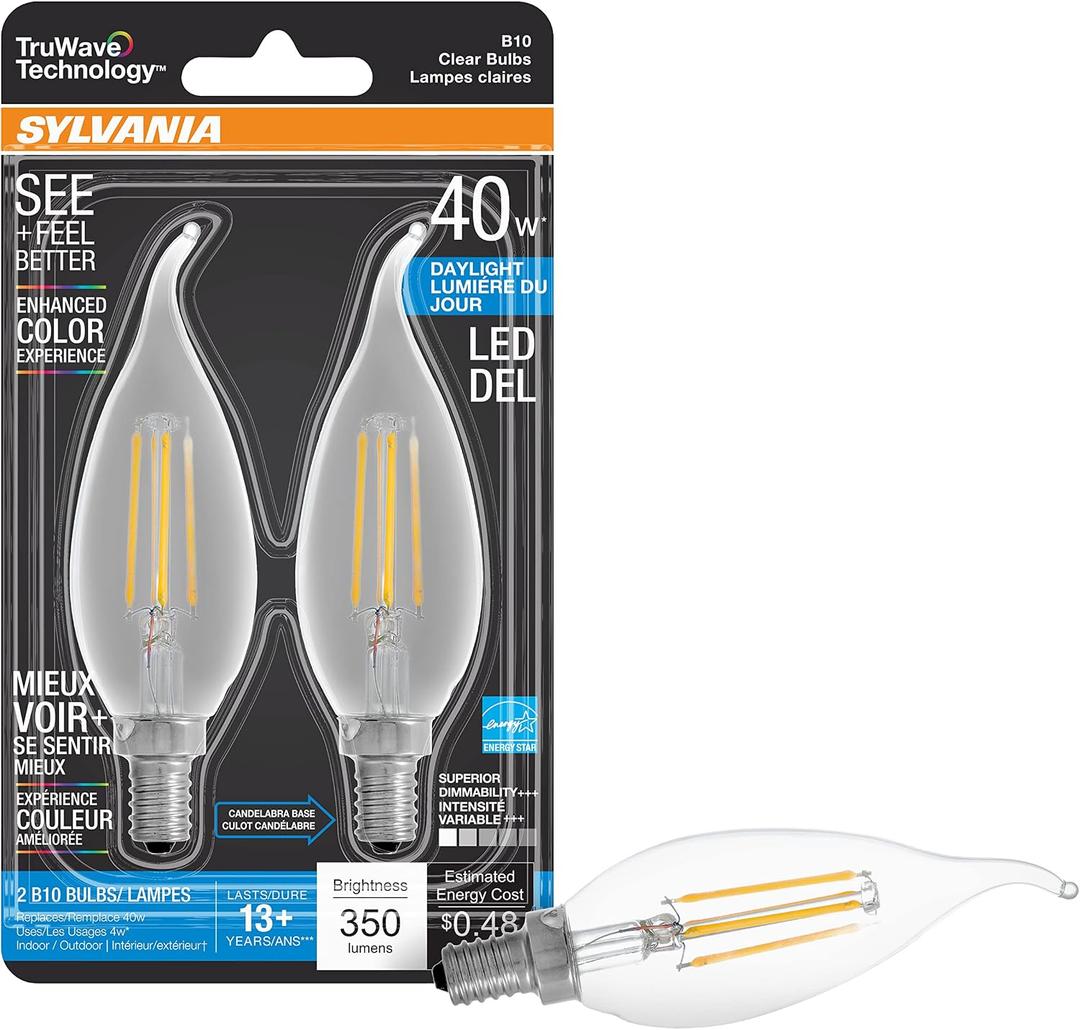 Sylvania LED TruWave Natural Series Dcor B10 Light Bulb, 40W Equivalent, Efficient 4W, Candelabra Base, 350 Lumens, Dimmable, Clear 5000K, Daylight - 2 Pack (40791)