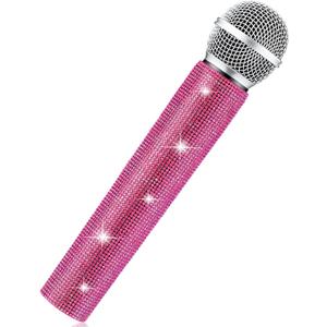 Sanwuta Fake Microphone Prop Sparkly Bling Rhinestones Plastic Play Microphone Pretend Glitter Bedazzled Mic for Cosplay Party Costume(Pink)