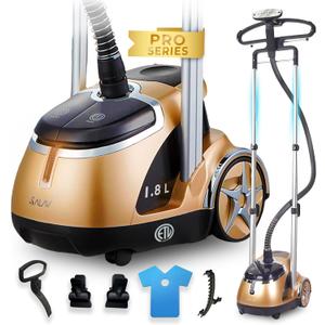 SALAV Limited Edition Professional Series Dual Bar Garment Steamer with Foot Pedals, Stainless Steel Steam Plate, Retractable Power Cord, 1.8L (60.8 oz) Water Tank, 1500 watts, 60+mins of Steam (Gold)