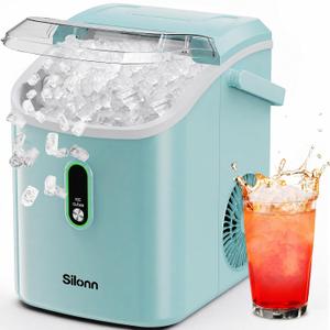 Silonn Nugget Ice Maker Countertop, Chewable Pellet Ice Machine with Self-Cleaning, Portable Pebble Ice Maker with Ice Scoop for Home, Kitchen & Office, Green