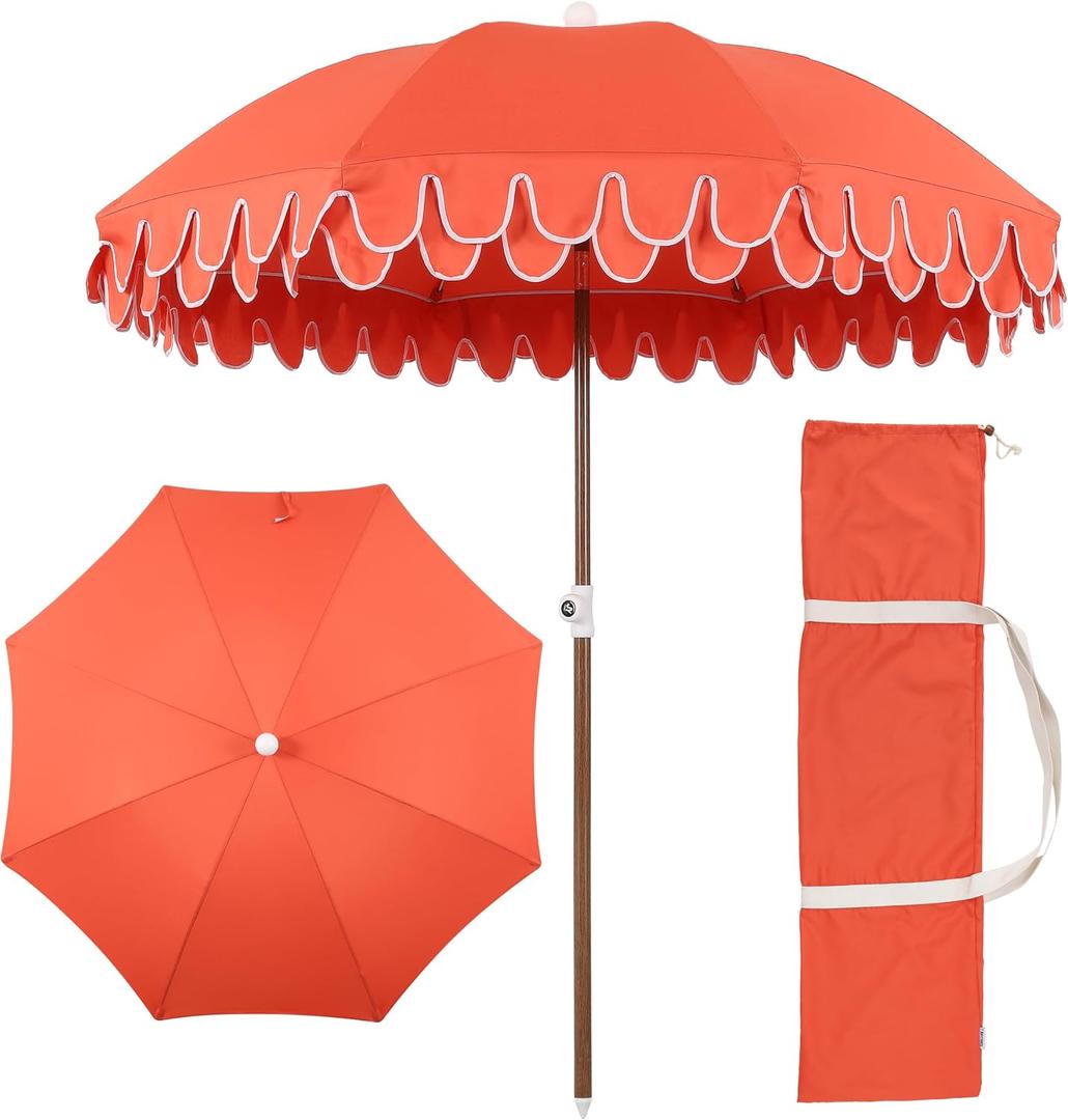 JONATHAN Y Horizon 6.5 ft. Beach Umbrella, Coastal Coral Red with Fringe, Boho UV 50+ Sun Shade with Scalloped Edge, Push-Button Tilt and Carry Bag, Dark Brown Wood Finish Pole UMB1004F, 78 inches diameter, 84 inches height