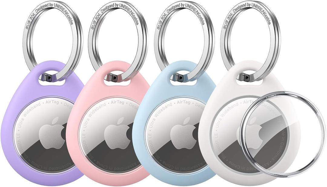 UNBREAKcable 4 Pack Macaron Colored for Apple AirTag Holder [Hold Air Tag Securely] [Easy to Install] Protective Case Waterproof TPU Shell with 304 Stainless Steel Key Ring Keychain