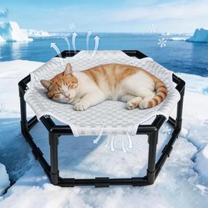 Elevated Cat Cooling Bed,Hexagonal Cat Hammock,Breathable Washable Antislip Bed with Ice Beanie Fabric,Lightweight Comfortable Stable Pet Hammock for Indoor Outdoor Small Cats Grey