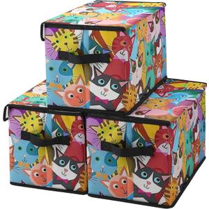 Stackable Clothes Storage Bins with Lids,Closet Organizers Fabric Cat Printing Box for Home and Office,Blanket Clothes Organizers,Under Bed Storage Containers 3 Pack.