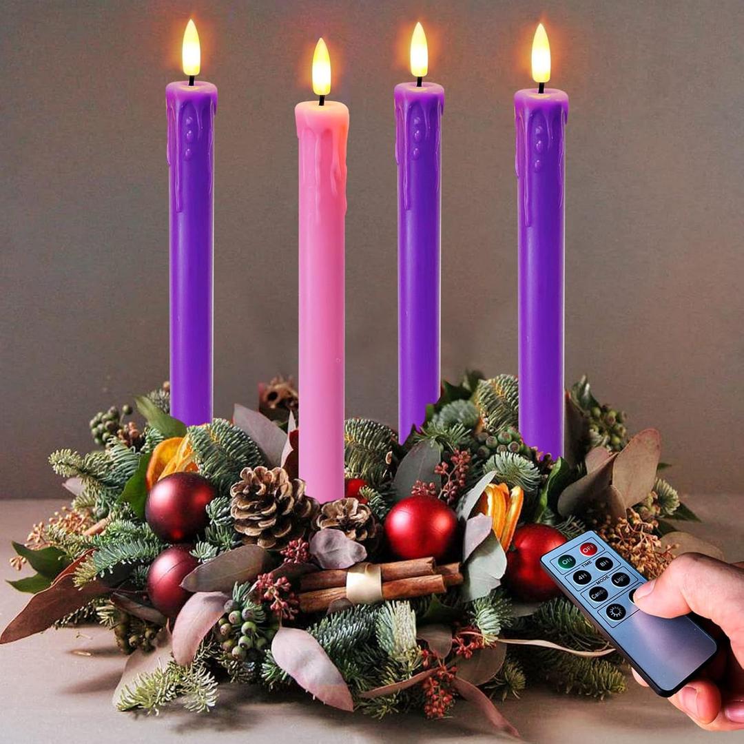 Set of 4 LED Christmas Candle Lights, Battery Operated Taper Candles for Advent Wreath, 3 Purple 1 Rose Flickering Wax Flameless Candles for Holiday School Church Celebration