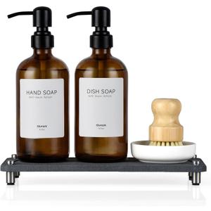 2 Pack Kitchen Soap Dispenser Set - 16oz Amber Glass Dish and Hand Soap Dispenser with Stainless Steel Pump, Instant Dry Tray, Dish Brush & Holder, Refillable Countertop Sink Decor for Kitchen & Bath