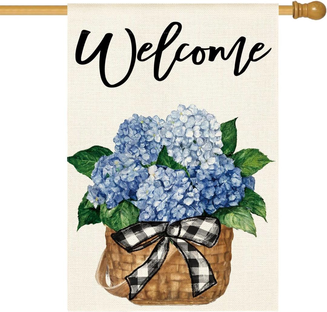 AVOIN colorlife Hydrangea Spring Summer House Flag 28x40 Inch Double Sided Outside, Floral Welcome Yard Outdoor Flag