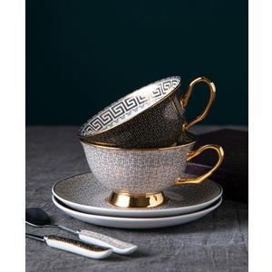 TFE's Tea Cup and Saucer Set - 6 Pcs Bone China with Vintage Design Gift Set - Coffee Cup and Espresso Cup Set for Any Occasion Including Formal Gatherings (Black & White Grid)