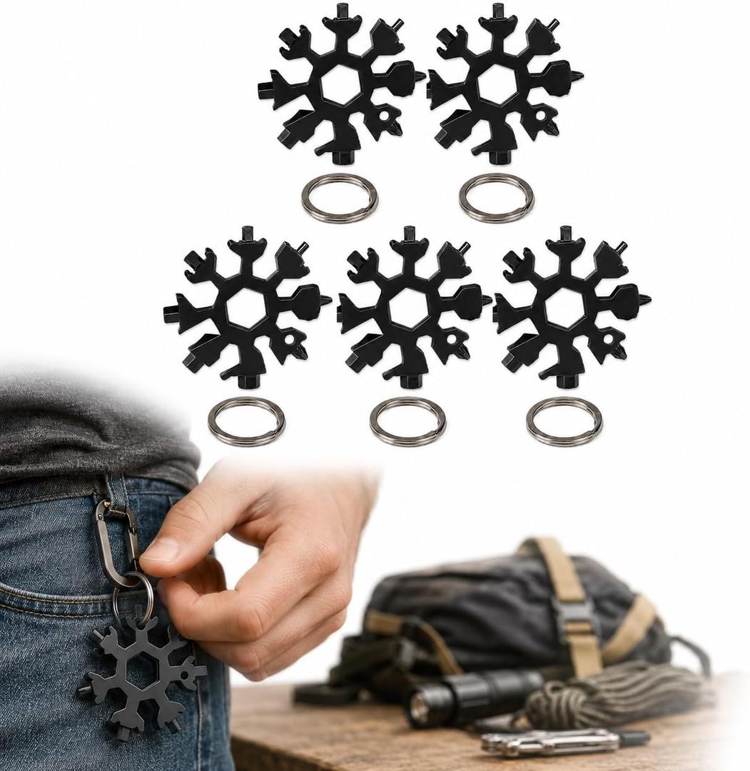 5 Pack Snowflake Multi Tool Keychain, Compact Alloy Steel EDC Wrench with Screwdriver, Bottle Opener and Hex Wrench for Camping, Repair and Everyday Carry, Black