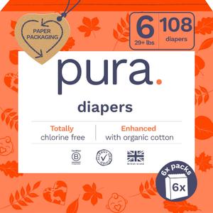Pura Size 6 Eco-Friendly Diapers (29+ lbs) Totally Chlorine Free (TCF),Hypoallergenic, Soft Organic Cotton, Sustainable, up to 12 Hours Leak Protection, Allergy UK, 6 Packs of 18 (108 Diapers)