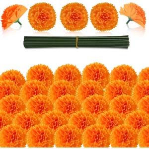 Hananona 50Pcs Artificial Marigold Flower Heads, Silk Marigold Heads Bulk Fake Flowers for Dia De Los Muertos Decor DIY Marigold Garland Day of The Dead Decorations (Orange)